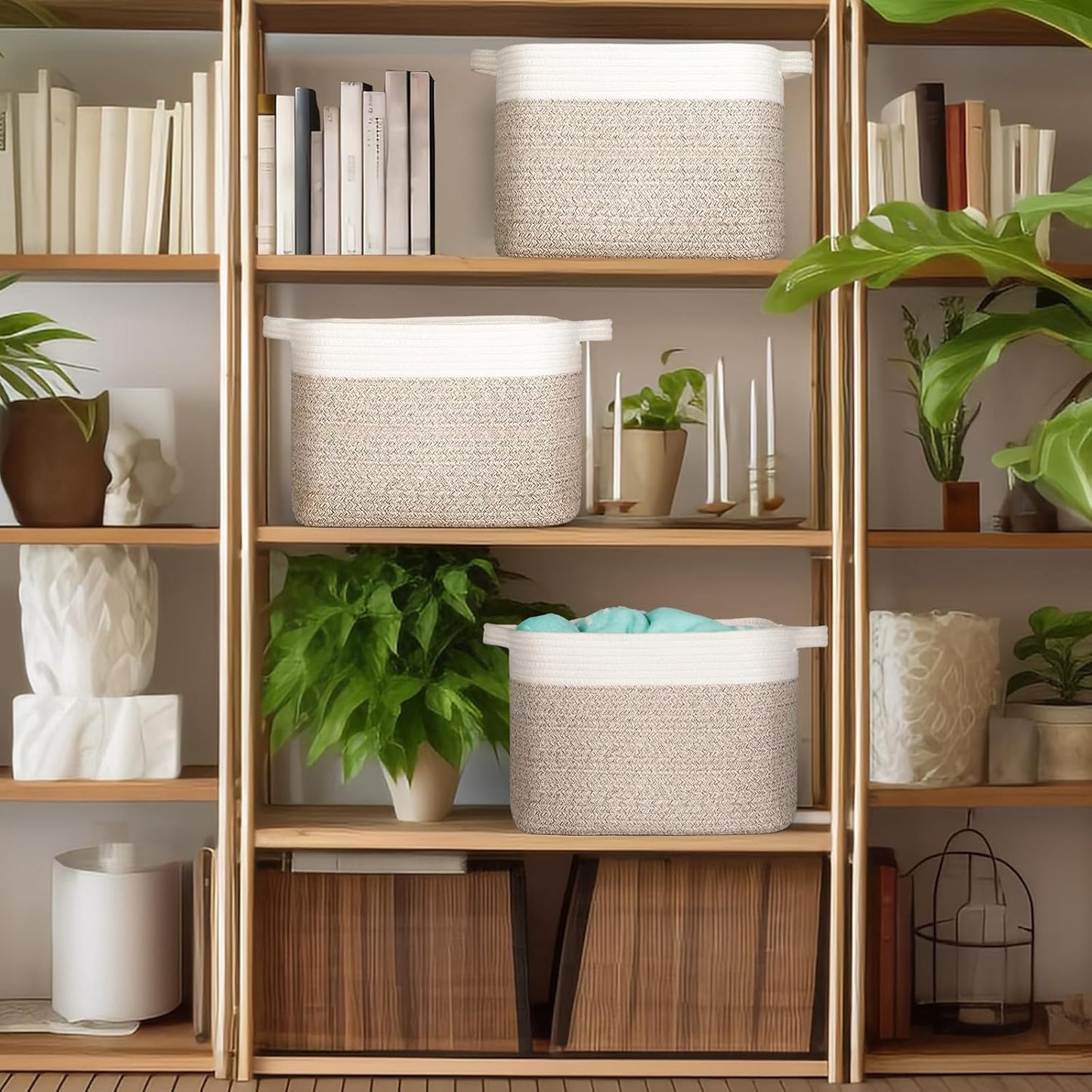 Kntiwiwo Storage Baskets for Organizing 14.7”x11”x9.6” Rope Storage Baskets for Shelves with Handles, Decorative Closet Baskets & Bins, Large Woven Baskets for Storage, White & Brown