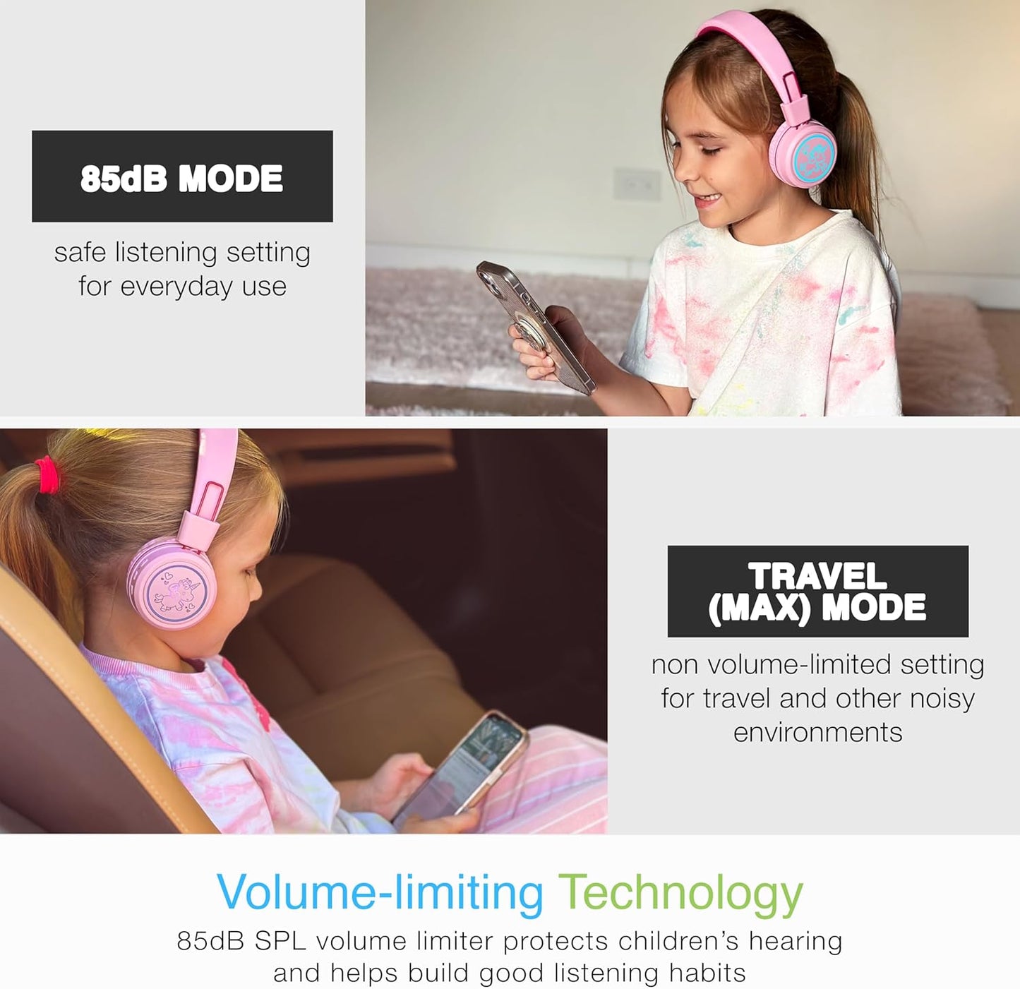 MEE audio KidJamz KJ55BT Personalized Bluetooth Wireless Safe Listening Headphones for Kids w/Custom LED-Backlit Design, Volume Limiter, Mic; Kids Headset for School/iPhone/iPad/Tablet (Pink)