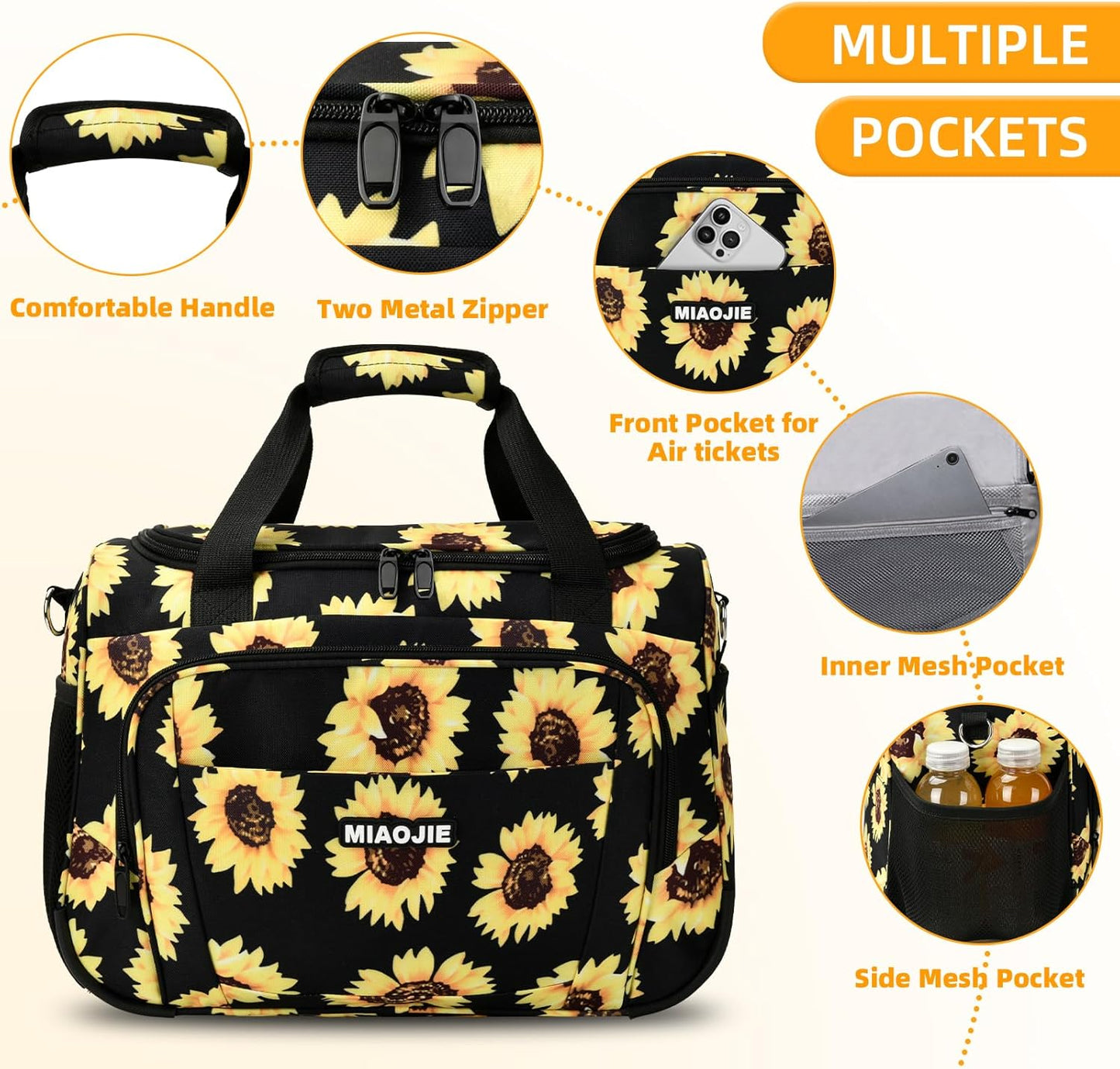 Underseat Carry On Luggage Lightweight Travel Tote Weekender Bag Overnight Duffle Bag for Travel, Travel Essentials Personal Item Travel Bag for Women and Men, Sunflower-16Inch