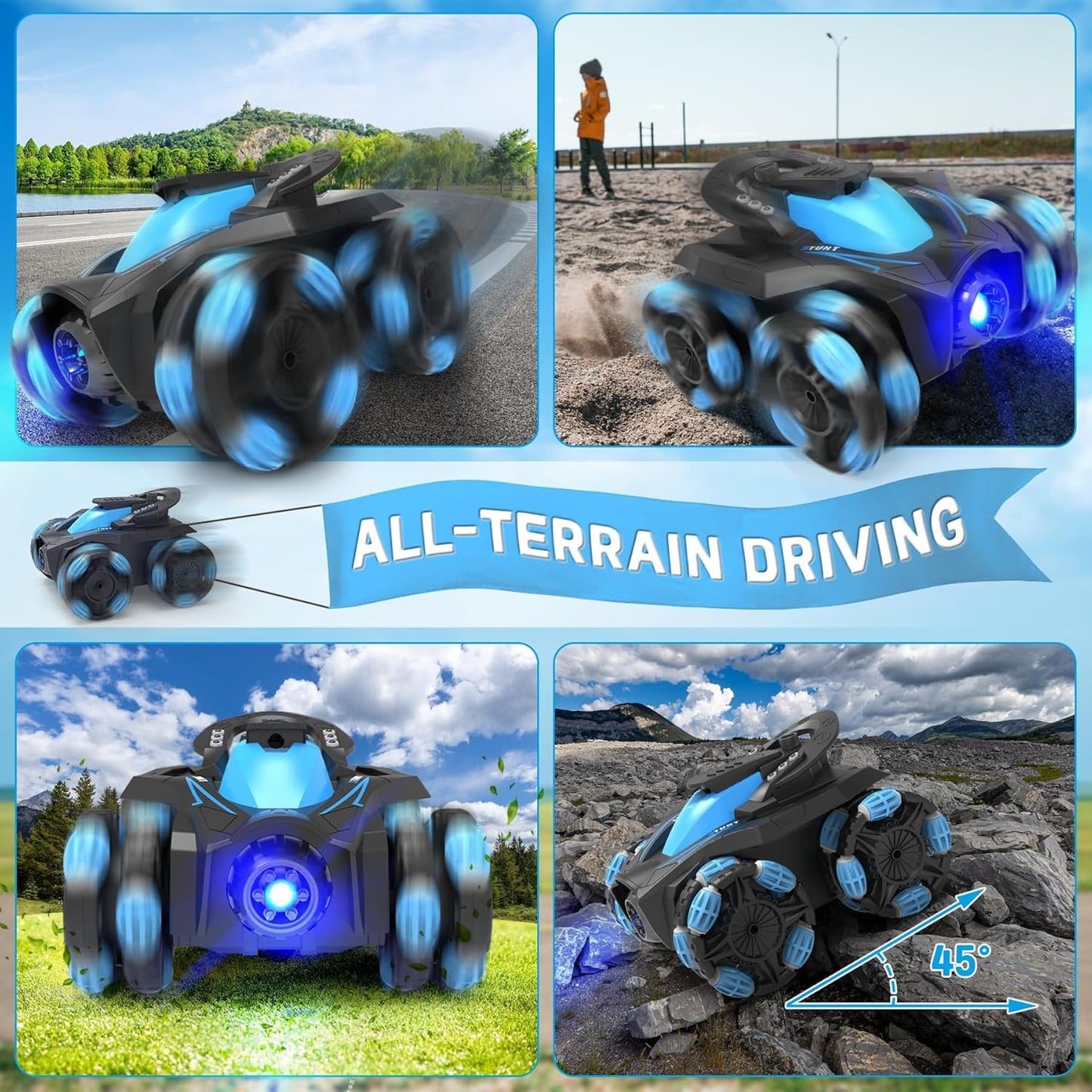 Eulogia RC Stunt Car for Boys 5-12, High Speed 360° Rotating, Drift 4WD Remote Control Car with Headlights, 2.4GHz Electric Rechargeable Race Stunt Toy Car for Boys Girls Birthday (Blue)