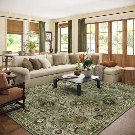 Washable Area Rugs for Living Room: 8x10 Rug Boho Vintage Rugs Stain Resistant Non Slip Low Pile Lightweight Soft Carpets for Bedroom Kitchen Dining Room Nursery Kids Room Farmhouse Home Office