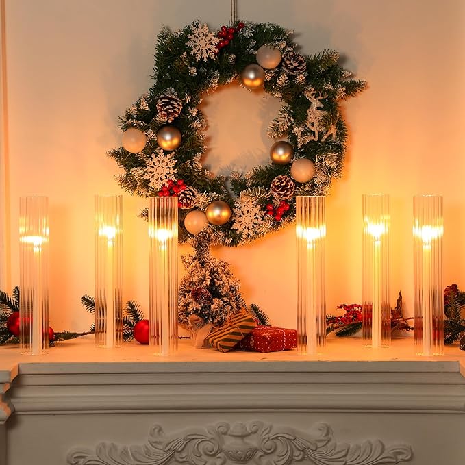 12 Pcs Hurricane Glass Candle Holders 2.5 x 14 Open Ended Tube Ribbed Shade Bottomless Chimney Cylinder Taper Candle Cover for Wedding Anniversary Table Centerpiece