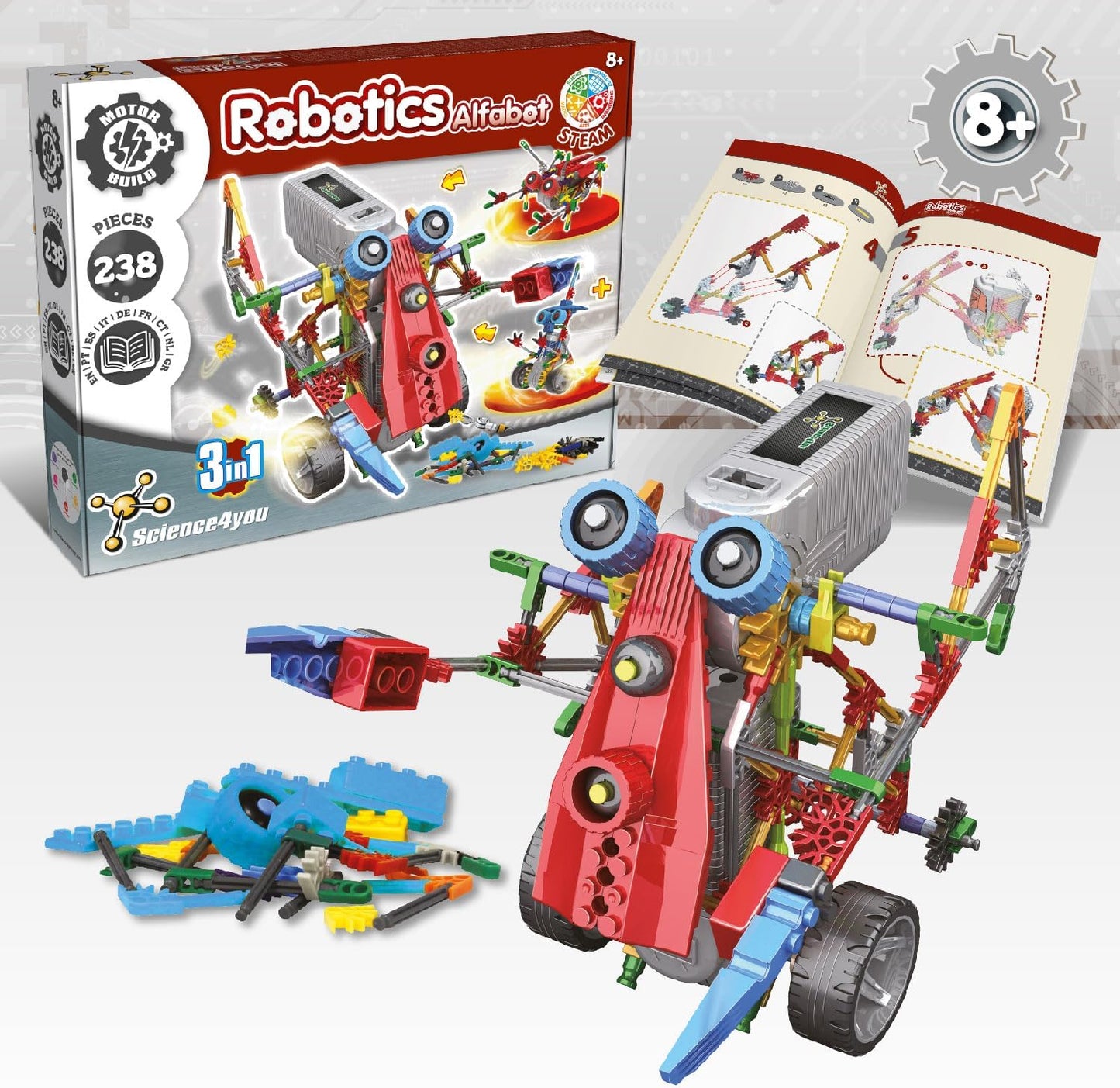 Science4you Robotics Alfabot - Robot Building Kit for Kids, 238 Pieces - Build Your Own Robots and Make Them Move - 3 Different Robots in 1 Toy - STEM Educational Toy for Kids Age 8-14