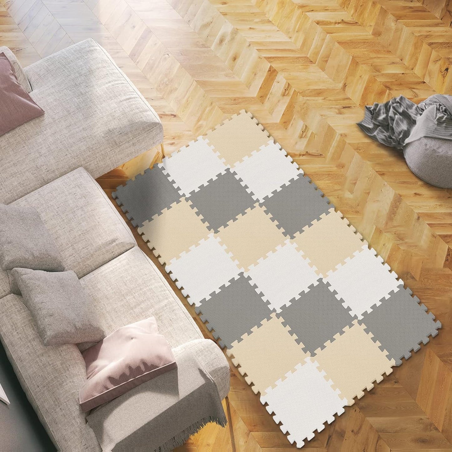 qqpp EVA Rubber 18 Tiles Interlocking Puzzle Foam Floor Mats - Baby Play Mat for Playing | Exercise Mat for Home Workout. White, Beige, Gray. QC-AJLb18N