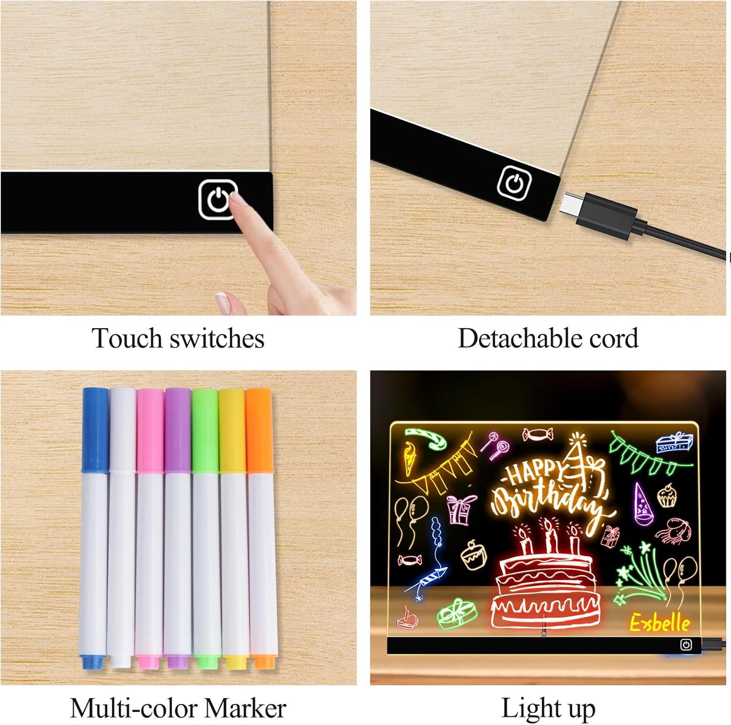 14“ LED Drawing Board 7 Colors Light Acrylic Dry Erase Lumiboard for Kids with Stand 2 Modes as Night Light for Room/Store/Office Ideal Gift for Festival Decoration 7 Markers