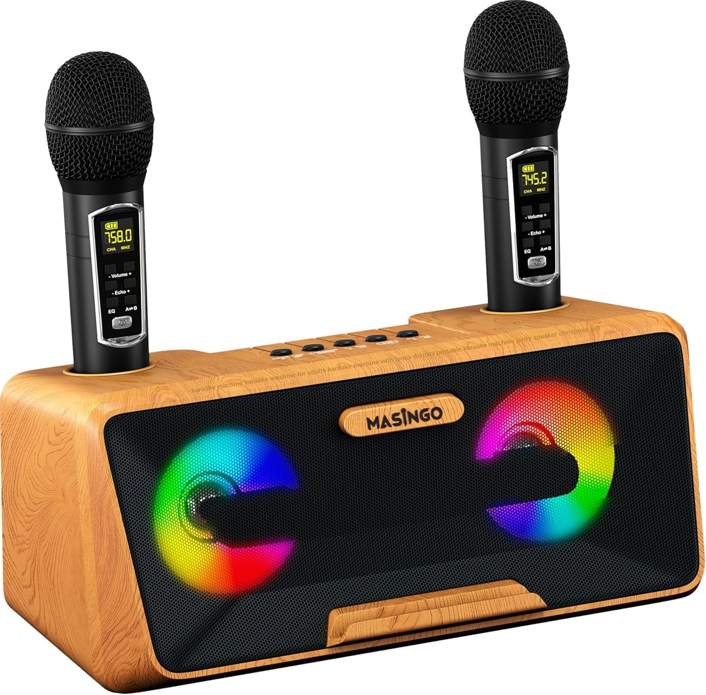 MASINGO Karaoke Machine for Adults and Kids with 2 Wireless Microphones, Portable Bluetooth Singing Speaker, Colorful LED Lights, PA System, Lyrics Display Phone Holder, and TV Cable. Presto G2 Wood