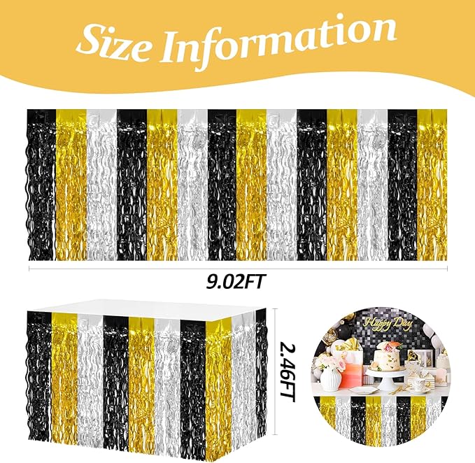 4P Wavy Metallic Tinsel Foil Fringe Table Skirts for Rectangle Tables Backdrop Garland Curtains for Parade Floats Wedding Birthday Parties Decoration Graduation 2025 Christmas (Black Gold Silver)