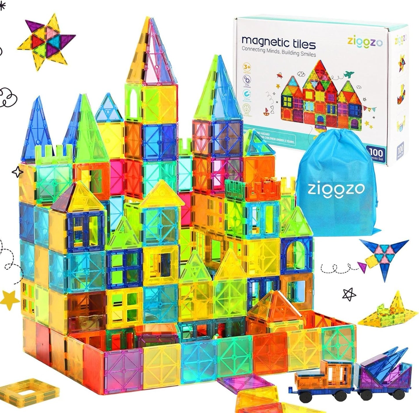 Ziggzo Magnetic Tiles for Kids Ages 4-8 | 100 Magnet Tiles with Storage Bag and 2 Cars | STEM Building Blocks for Creative Learning