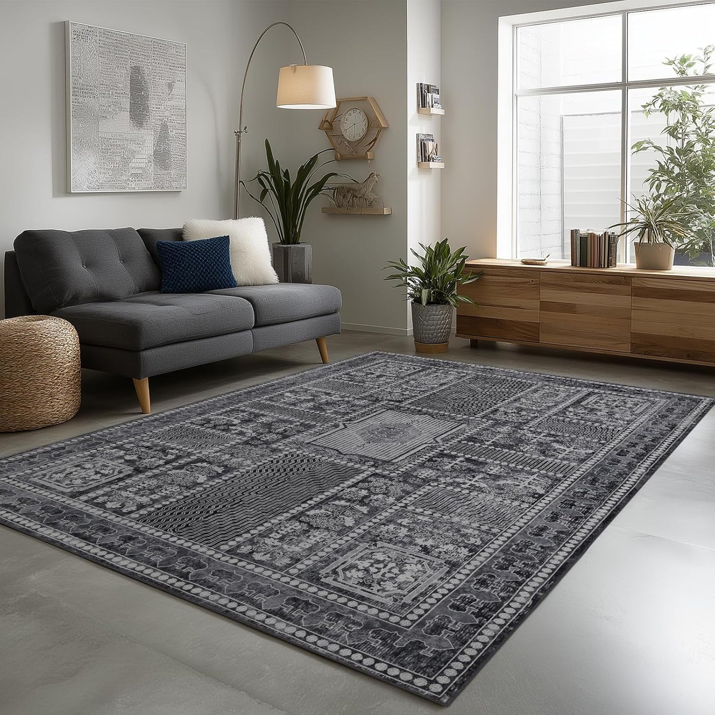 Washable Area Rugs 8x10, Large Rugs for Living Room, Carpet for Bedroom, Soft Faux Wool Retro Dining Room Rug, Non-Slip Backing Resistant Low Pile Vintage Print Rug for Home Office (Grey)