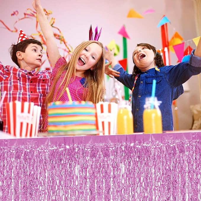4P Wavy Metallic Tinsel Foil Fringe Table Skirts for Rectangle Tables Backdrop Garland Curtains for Parade Floats Wedding Birthday Parties Decoration Graduation 2025 Christmas (Pink)