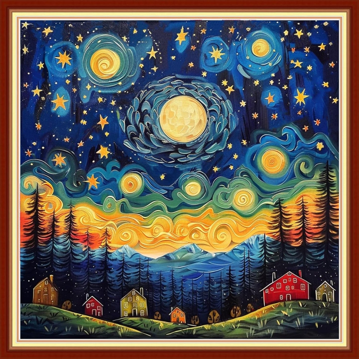 Stamped Cross Stitch Kits - Beach Night Landscape Counted Cross Stitch Kits for Beginners Adults Needlepoint Cross-Stitch Patterns-Van Gogh's Night Sky House 18x18 inchs