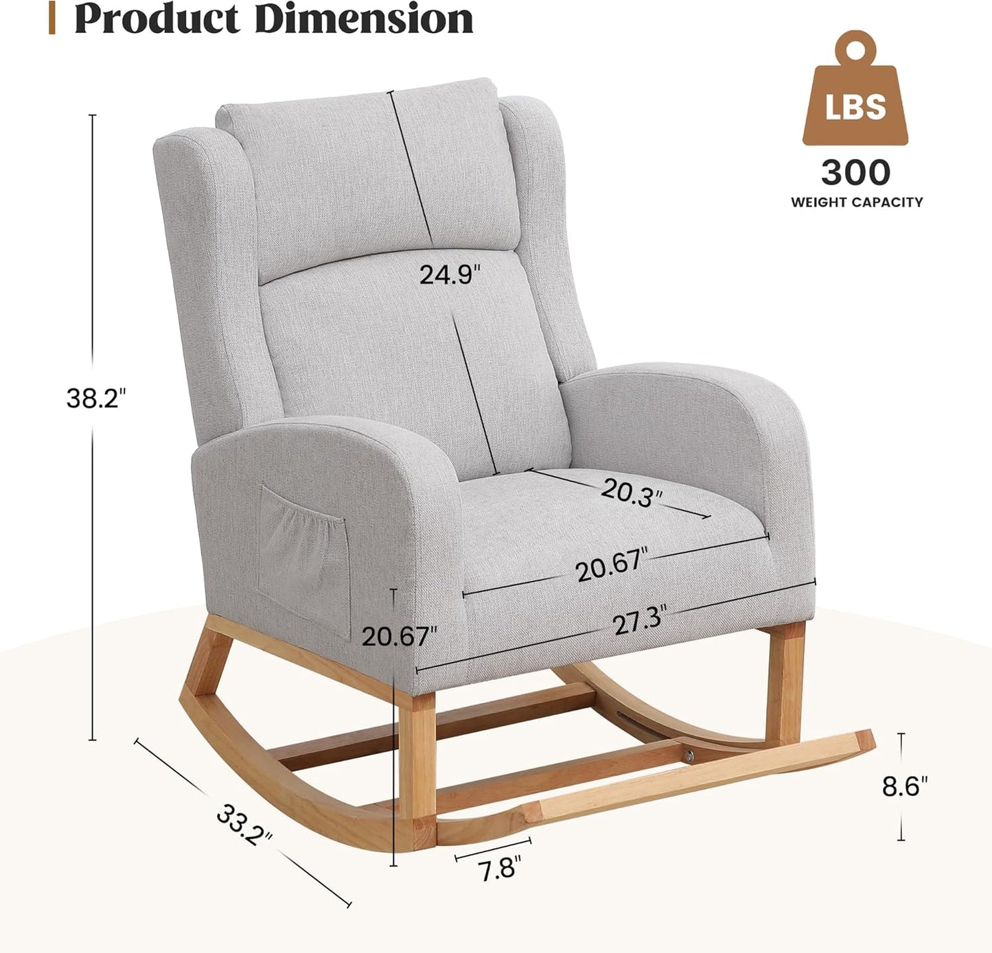 Rocking Chair Nursery, Nursing Rocking Chairs for Mom Nursery, Comfy Wingback Glider Rocking Armchair with Foot Rest and Side Pocket for Nursery Living Room Bedroom, Light Grey