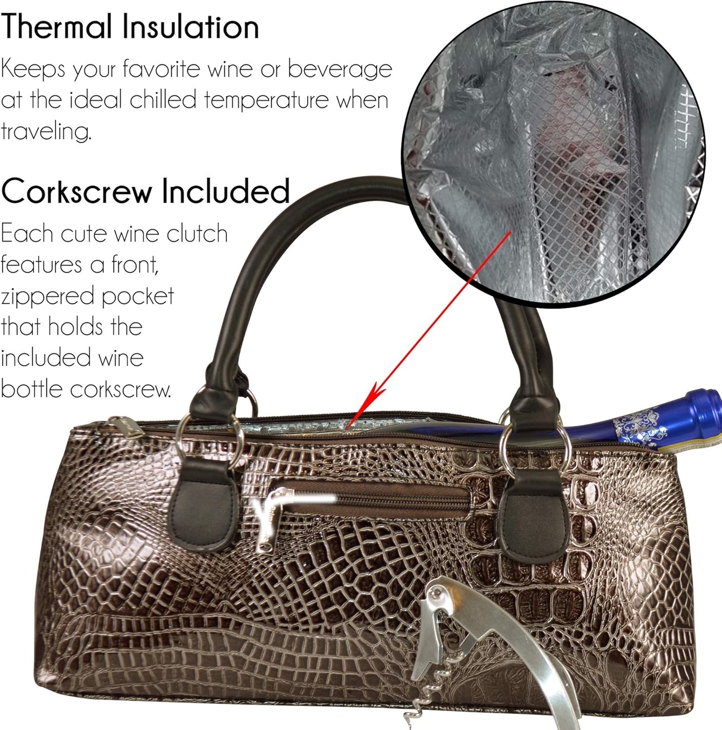 Wine Clutch Bag (Thermal Insulated) Trendy Women’s Carry Tote | Holds Red & White 750mL Bottles | Trendy Fashion | Incl. Portable Waiter-Style Corkscrew