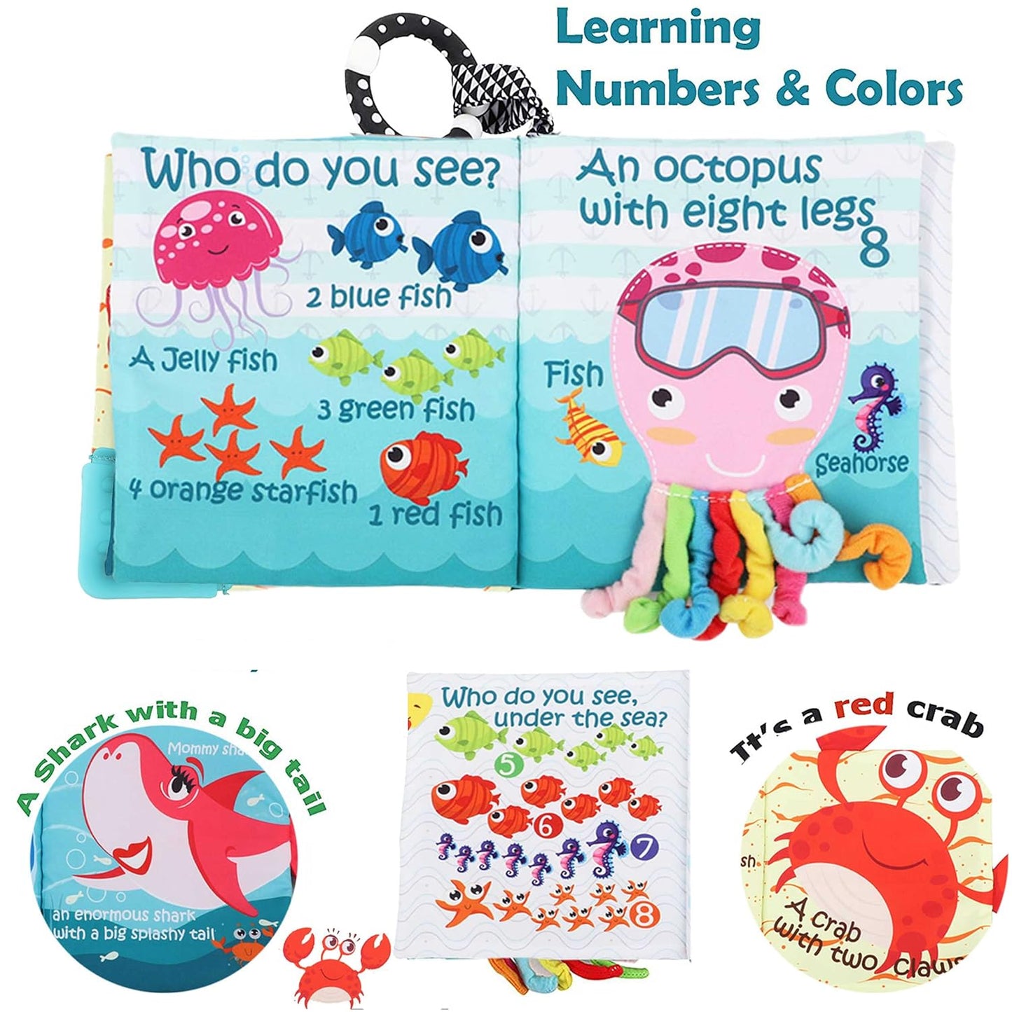 Fish Baby Books Toys, Touch Feel Cloth Crinkle Books for Babies,Baby Infant Toys 0-6, 6-12, 12-18 Months,Early Learning Education Toys,Shower Baby Gifts for Boys Girls,Teething,Mirror,Shark Ocean Book