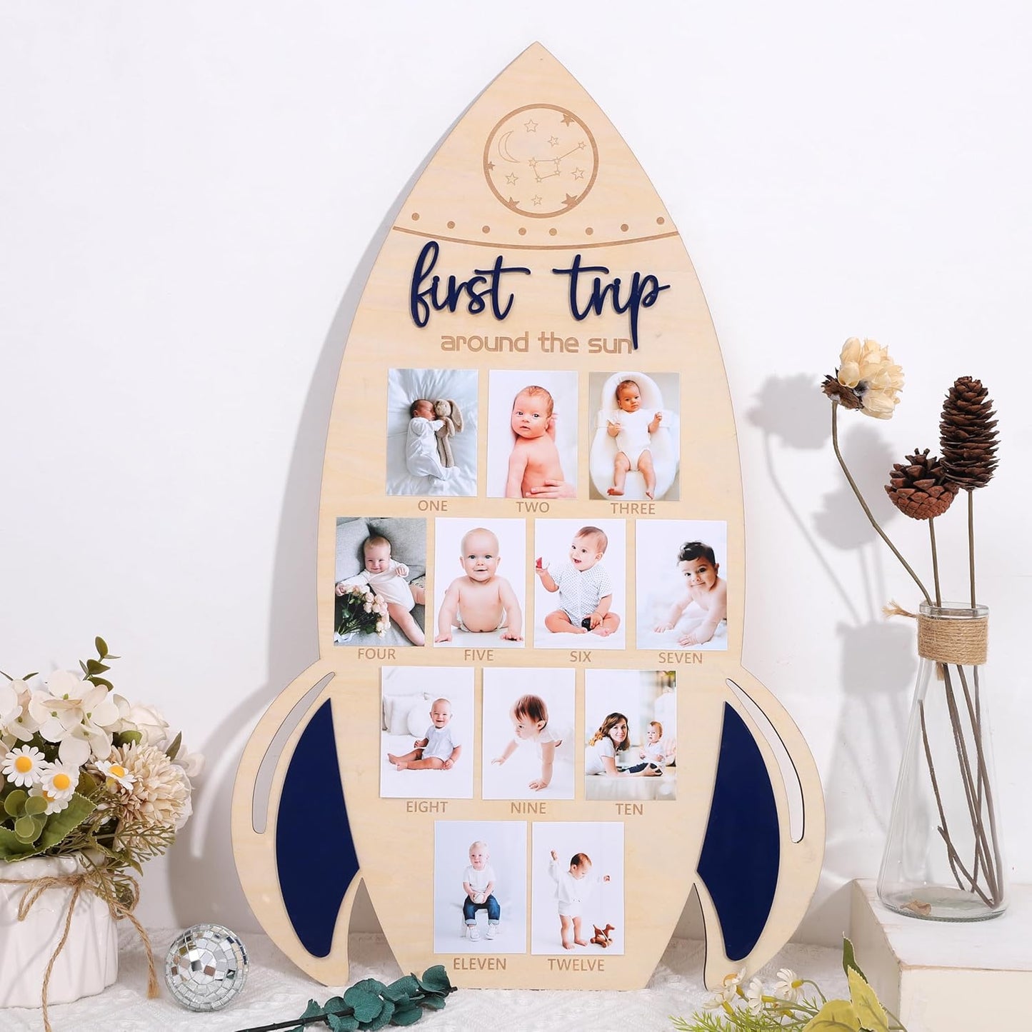 First Trip Around The Sun Photo Board - My First Year Frames, First Year Milestones Photo Board, 12 Month Photo Decorations, Girl/Boy 1st Birthday Decorations