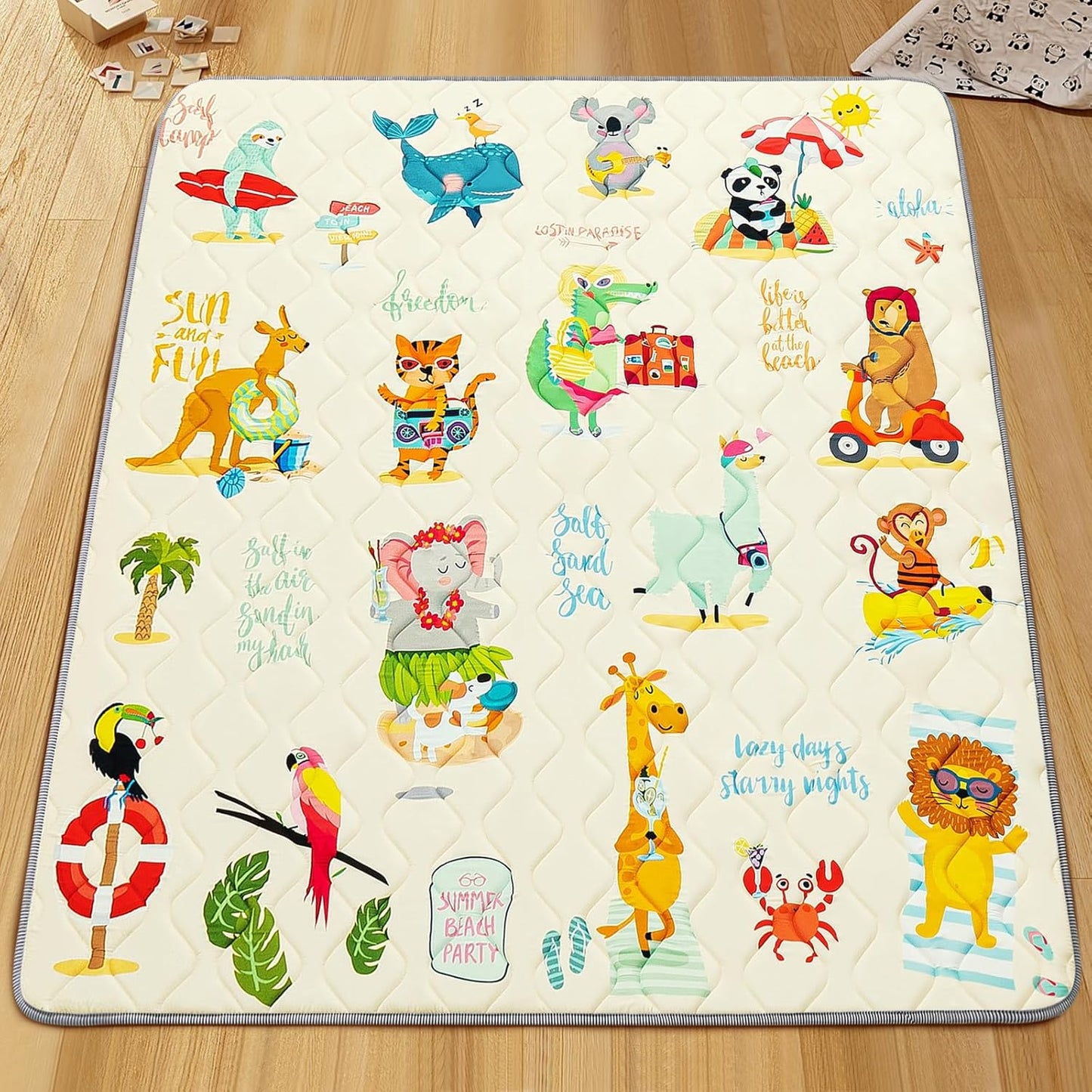 Baby Play Mat - Thicken 71x59 Inch Soft Foam Crawling Mat for Playpen & Floor, Non-Slip Waterproof Playmats for Infants & Toddlers, Portable Foldable & Machine Washable, Beach Animals