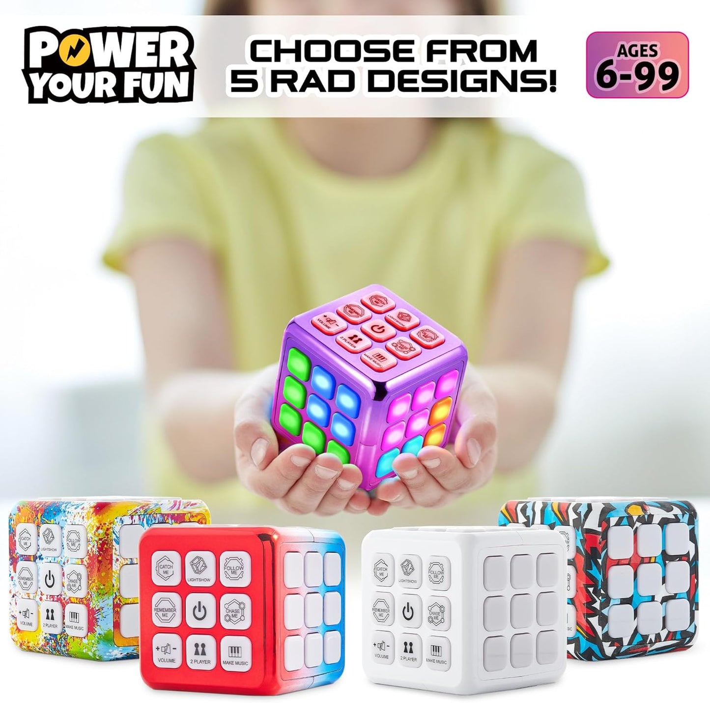 Power Your Fun Cubik LED Flashing Cube Memory Game - Electronic Handheld Game STEM Toy, 5 Brain Memory Games for Kids Brain Play Sensory Toys Puzzle Fidget Toy Light Up Cube (Metallic Pink/Purple)