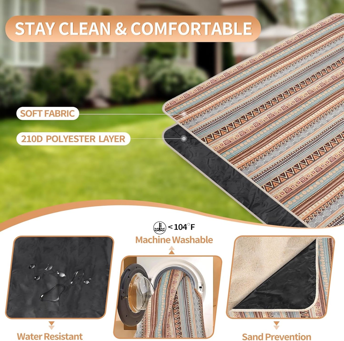 Extra Large Waterproof Picnic Blanket | Portable Camping & Beach Mat | Sand Free with Carry Strap | Park Blanket for Grass, Hiking, Travel, Concerts, Indoor (Orange)