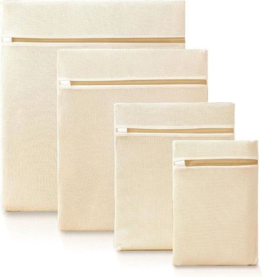 4Pcs Cotton Mesh Laundry Bags for Delicates,Breathable Mesh Garment Bag for Washing Machine, Travel Wash Bags with Zipper for Bras, Underwear, Socks, Clothes, Laundry Dorm Room Essentials(S-XL)