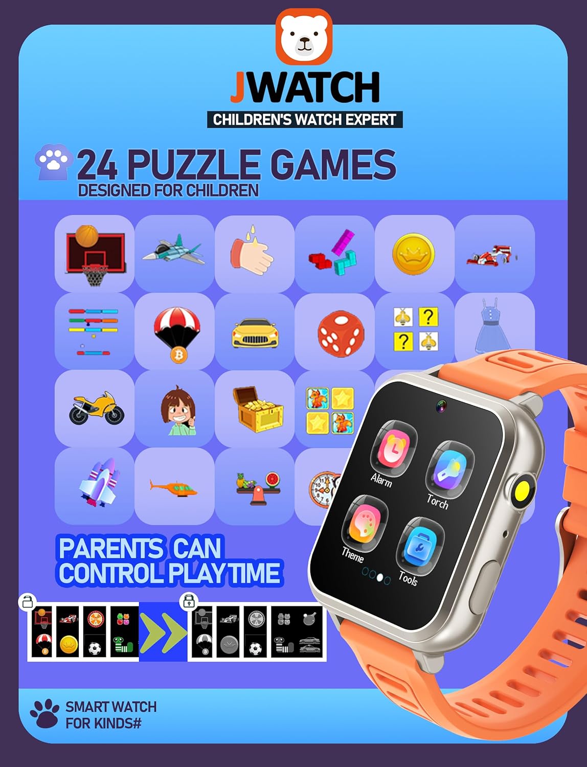 Kids Smart Watch for Boys Girls 6-12 with Pedometer Audio Book Camera Music Player Present Birthday Christmas (Silver Frame Orange)…