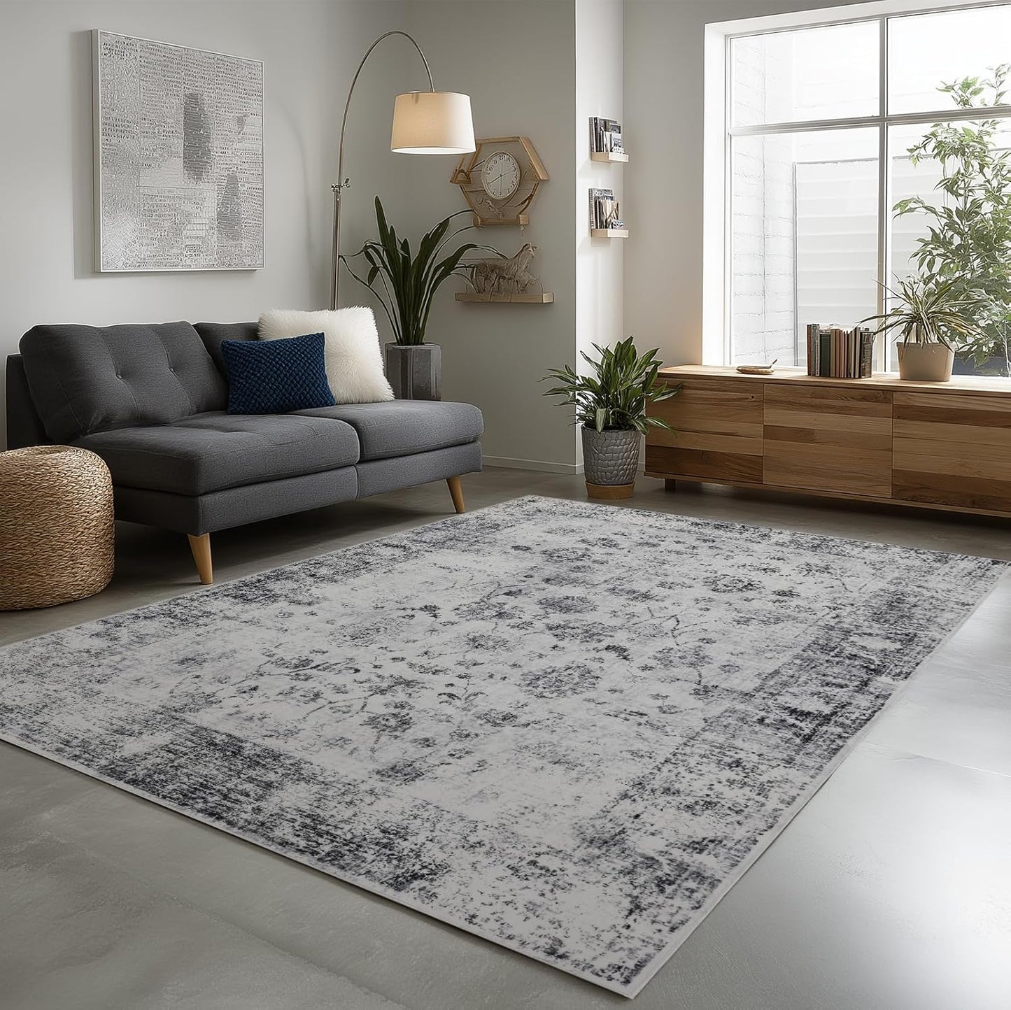 Washable Area Rugs 8x10, Large Rugs for Living Room, Carpet for Bedroom, Soft Faux Wool Retro Dining Room Rug, Non-Slip Backing Resistant Low Pile Vintage Print Rug for Home Office (White/Grey)