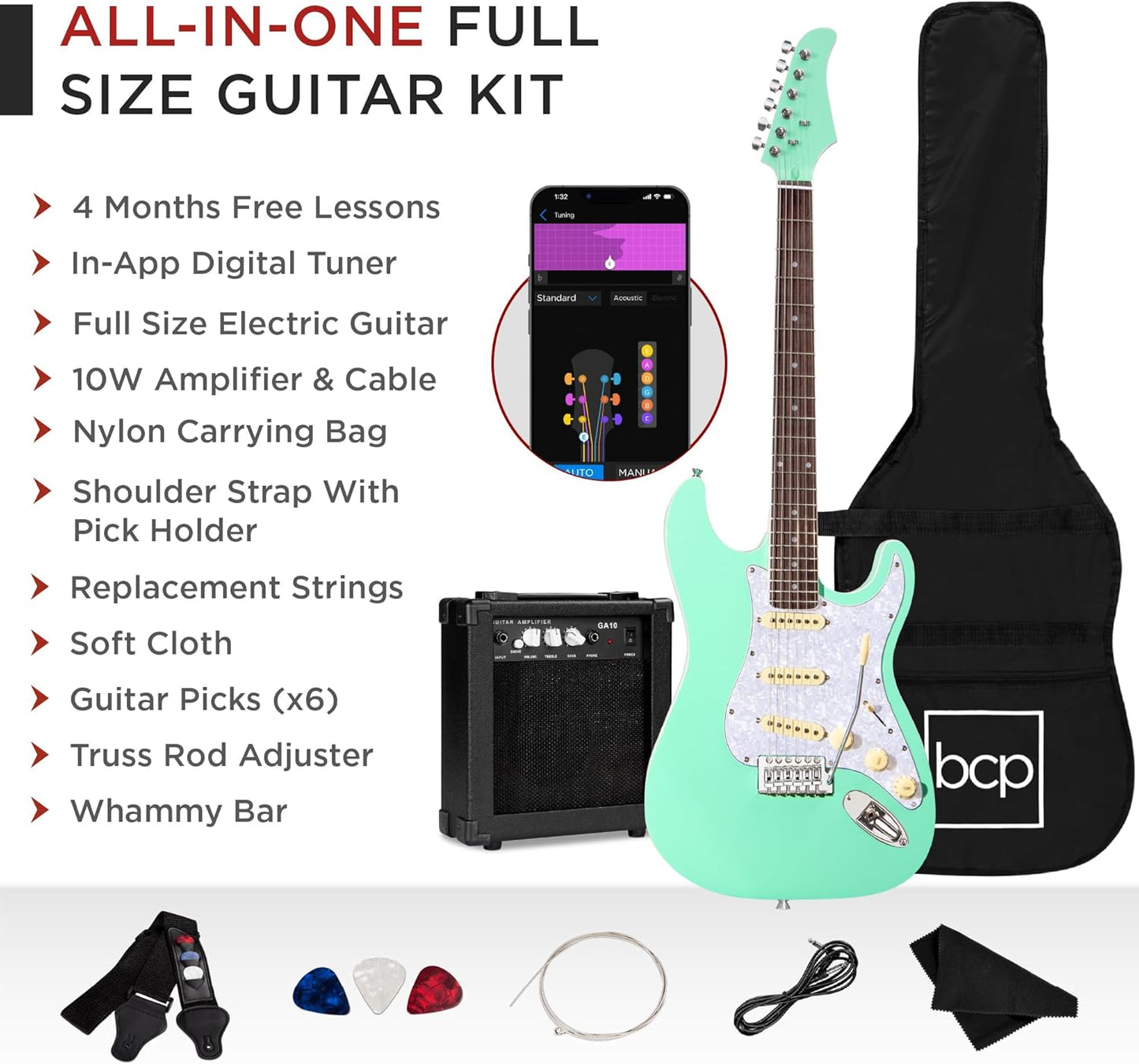 Best Choice Products 39in Full Size Beginner Electric Guitar Starter Kit w/Case, Strap, 10W Amp, Strings, Pick, Tremolo Bar - SoCal Green