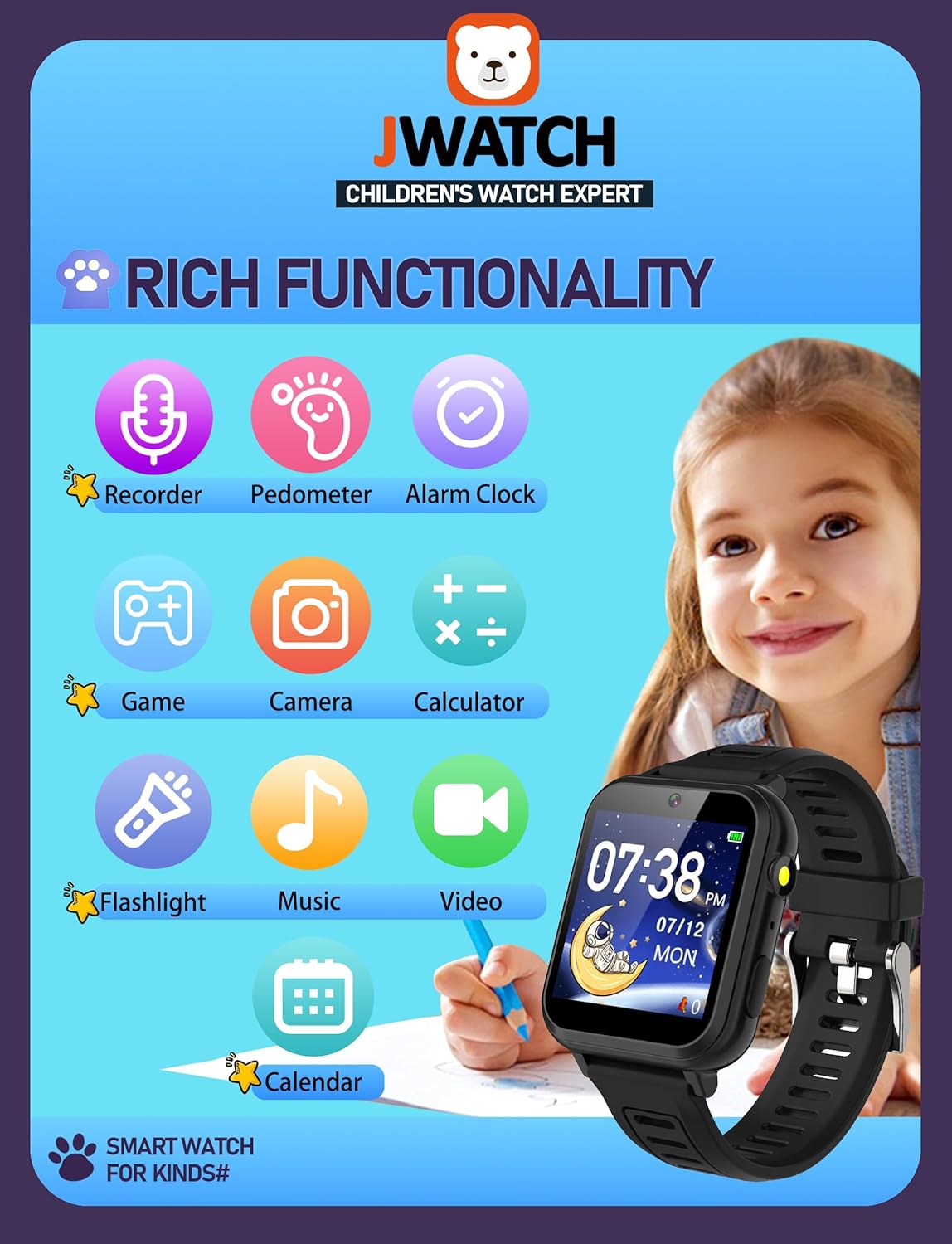 Kids Smart Watch for Boys Girls 6-12 with Pedometer Audio Book Camera Music Player Birthday (Black)…