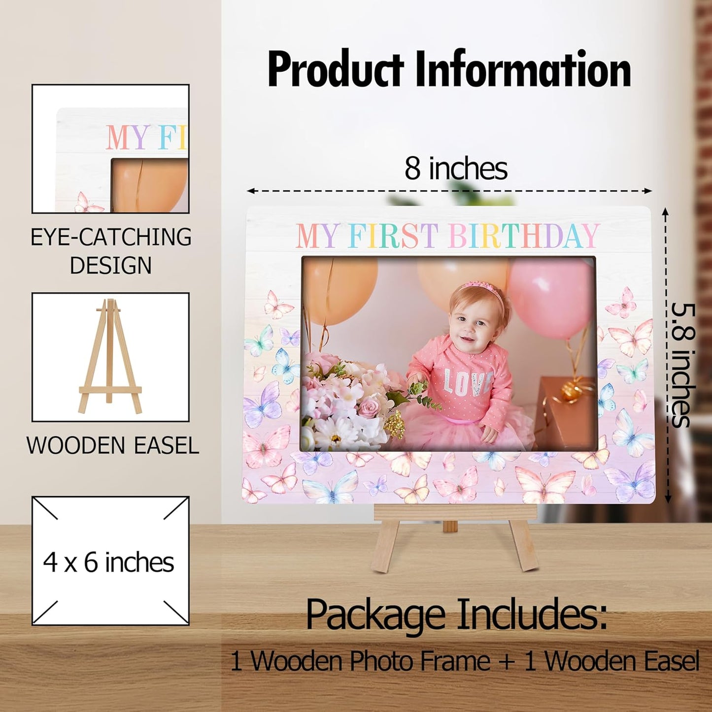 My 1st Birthday Picture Frames, Rainbow Butterfly Wooden 4x6 Photo Frame with Easel, Baby First Year Birthday Gifts for Home Office Tabletop Display Decorations - G06