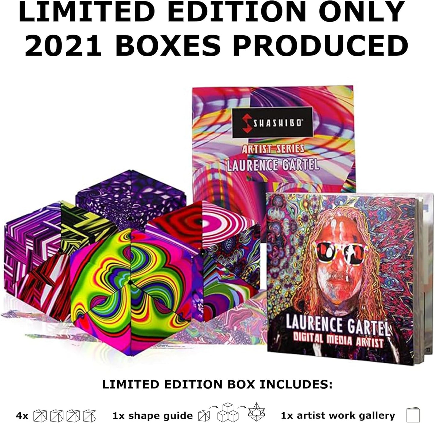 Shashibo Limited Edition Gartel Shape Shifting Box - Award-Winning, Patented Fidget Cube w/ 36 Rare Earth Magnets - Designed by Digital Art Pioneer Laurence Gartel (4 Pack)