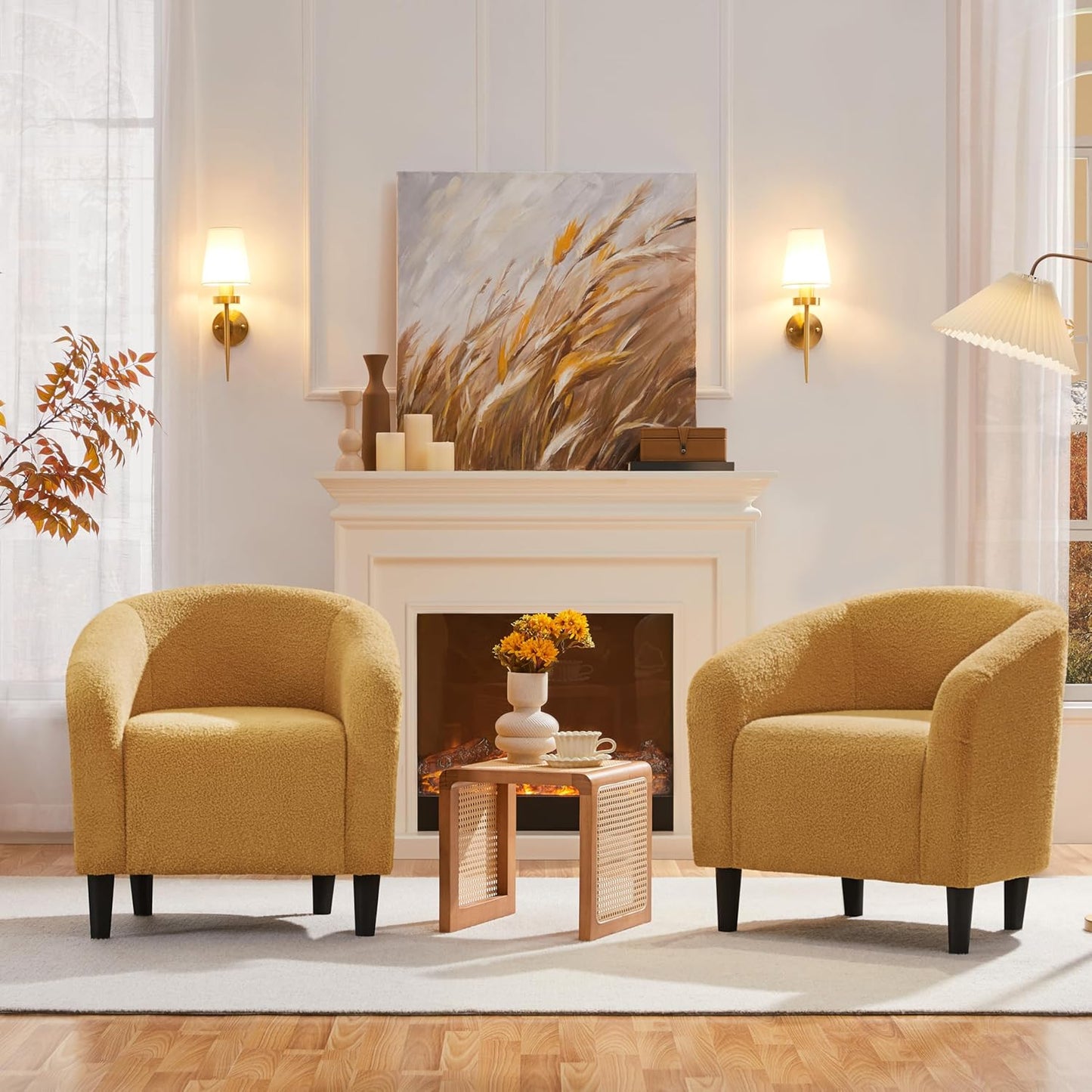 Yaheetech Accent Barrel Chair, Boucle Fabric Club Chair, Furry Sherpa Elegant and Cozy, Soft Padded Armchair for Living Room Bedroom Reception Room Office, Mustard Yellow