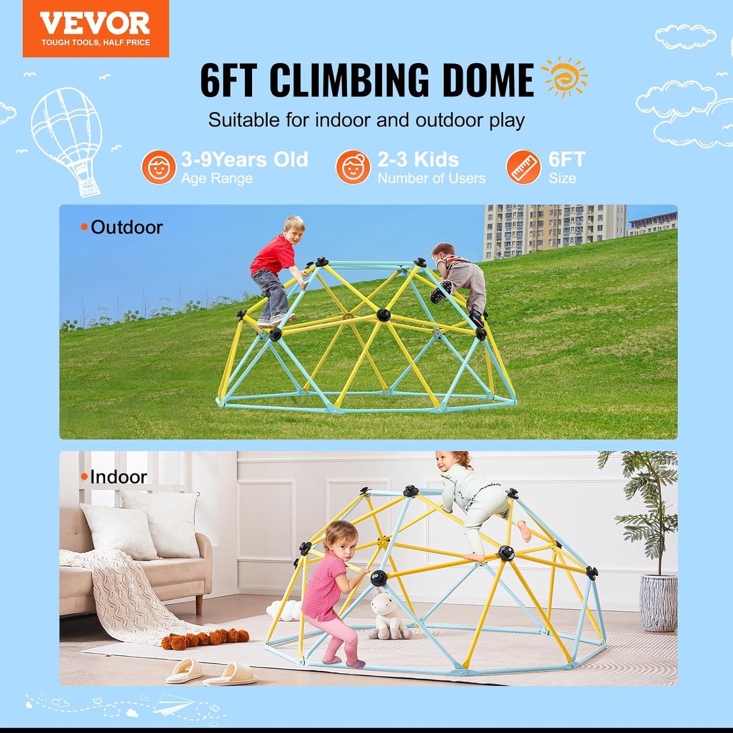 VEVOR Climbing Dome, 6FT Jungle Gym for Kids 3 to 9 Years Old, Geometric Dome Climber Play Center Supports 600LBS and Easy Assembly, with Climbing Grip, Outdoor and Indoor Play Equipment for Kids