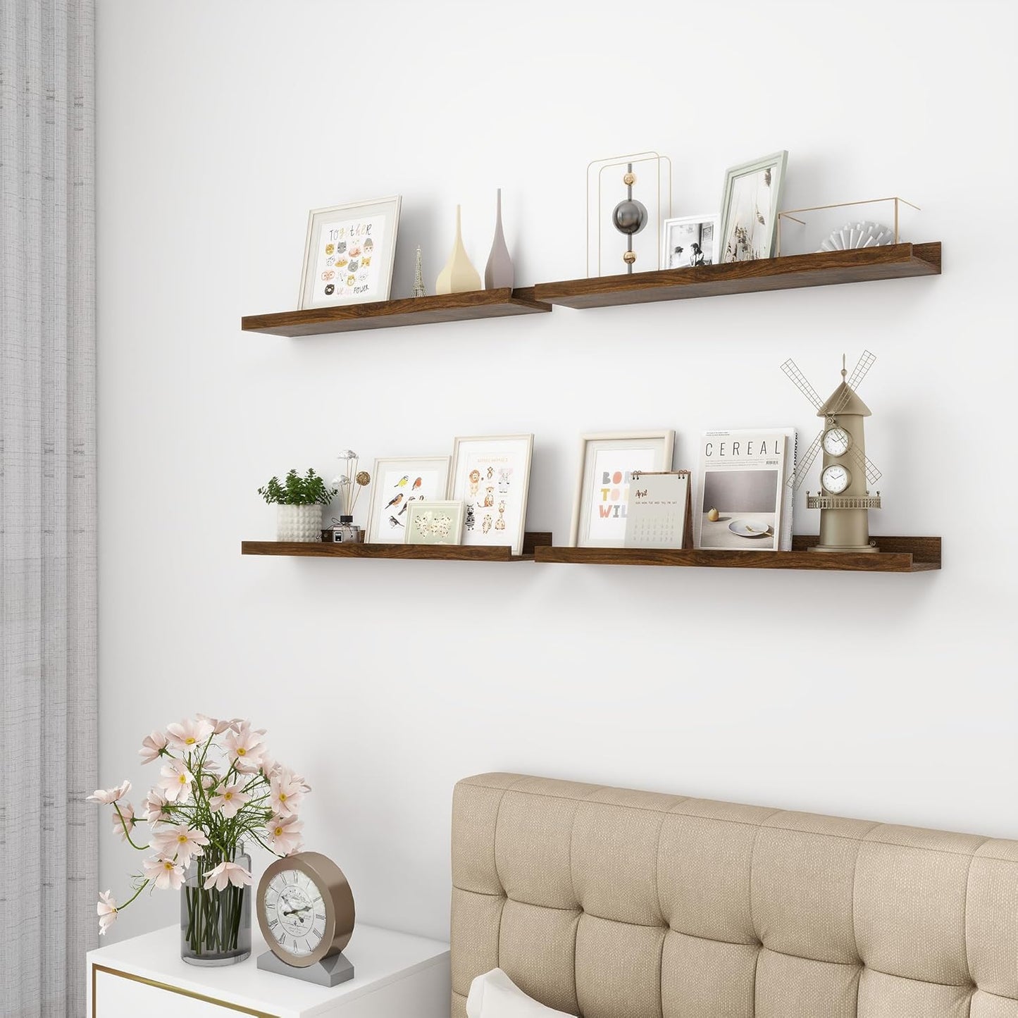 Picture Ledge Shelf, Wood Floating Shelves Set of 4, 24 inch Picture Ledge Shelves, Photo Ledge Nursery Book Shelves Wall Mounted for Living Room Kids' Room Bedroom, Color Walnut