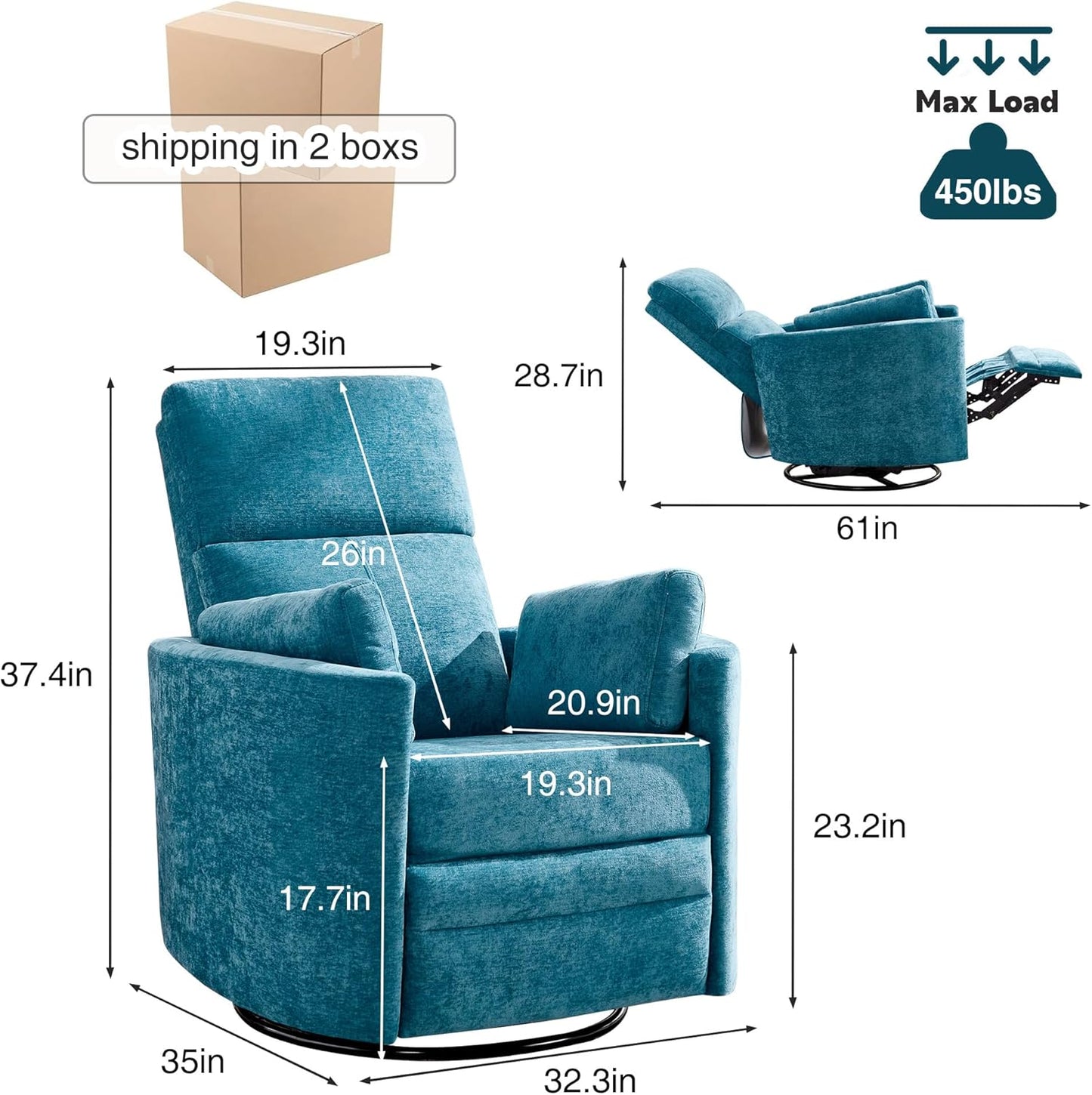 Recliner 360°Swivel Glider Rocking Chair Nursery Multifunction Living Room Bedroom Adult Rocking Chair with 2 Pillows(Blue, Manual Operation)