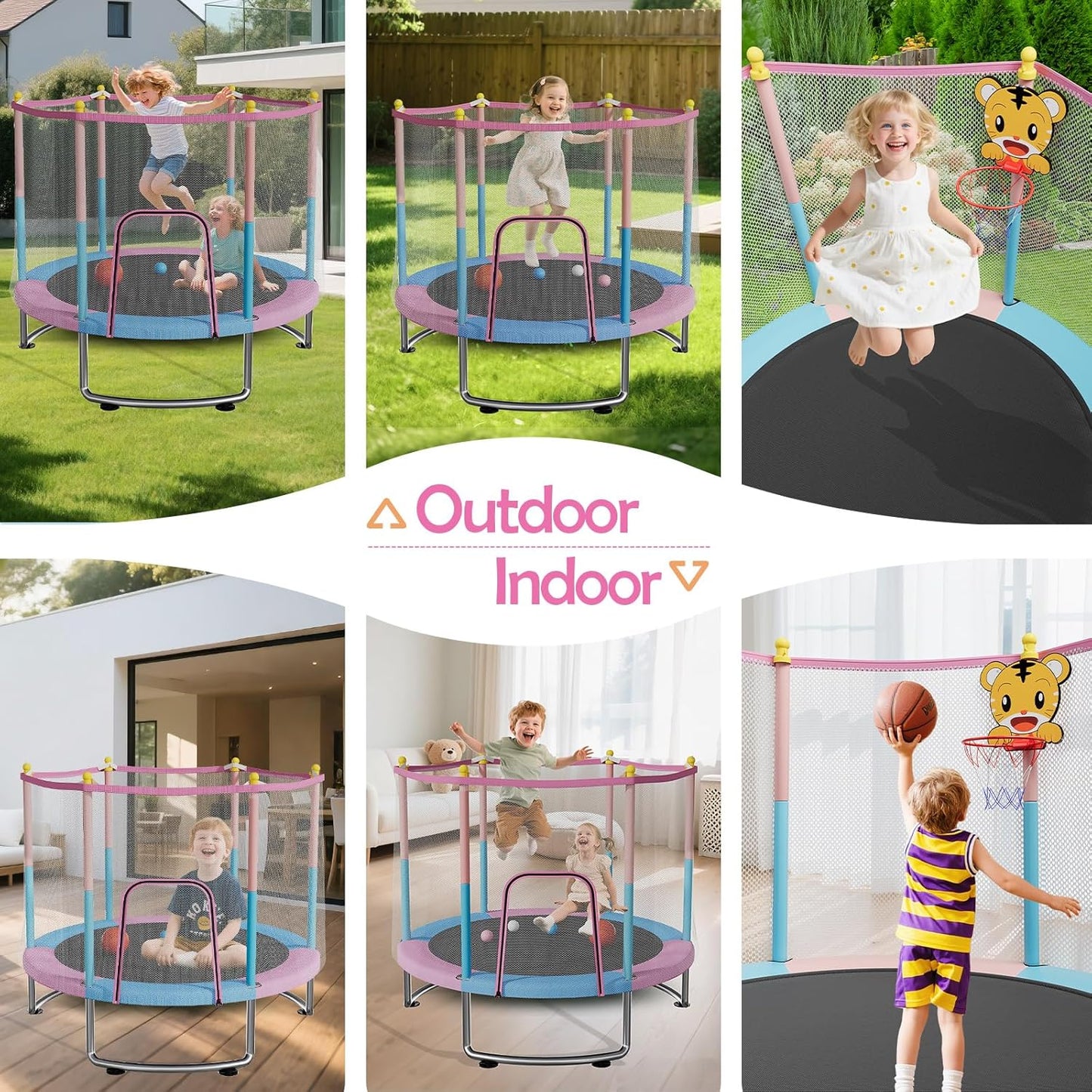 Kids Trampoline with Safety Net – 440lbs Capacity, Upgraded Rust-Proof Ring Legs, Adjustable Gymnastics Bar & Toys – Indoor Outdoor Toddler Trampoline for Boys & Girls Ages 1-8