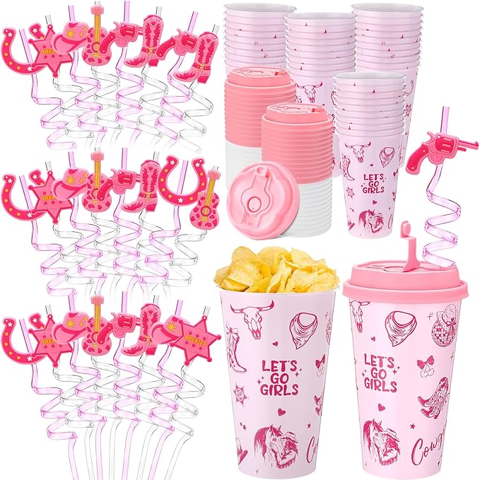 Yungyan 36 Sets Pink Cowgirl Party Favors Goodie Cups with Lids and Straws for Halloween Party Decorations Reusable 16oz Plastic Candy Cups Plastic Straws for Birthday Gift(Pink Cowgirl)