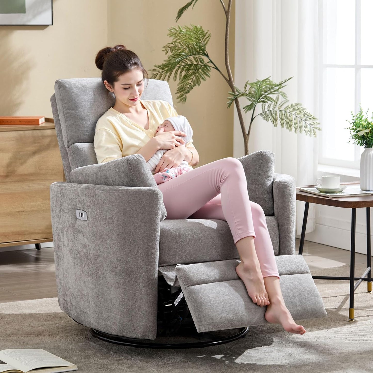 Power Recliner, Upholstered Nursery Adult Swivel Rocking Glider, Electric Recliner Chair with USB Port with 2 Pillows for Living Room Bedroom (LIGHTGREY, Power-Driven)