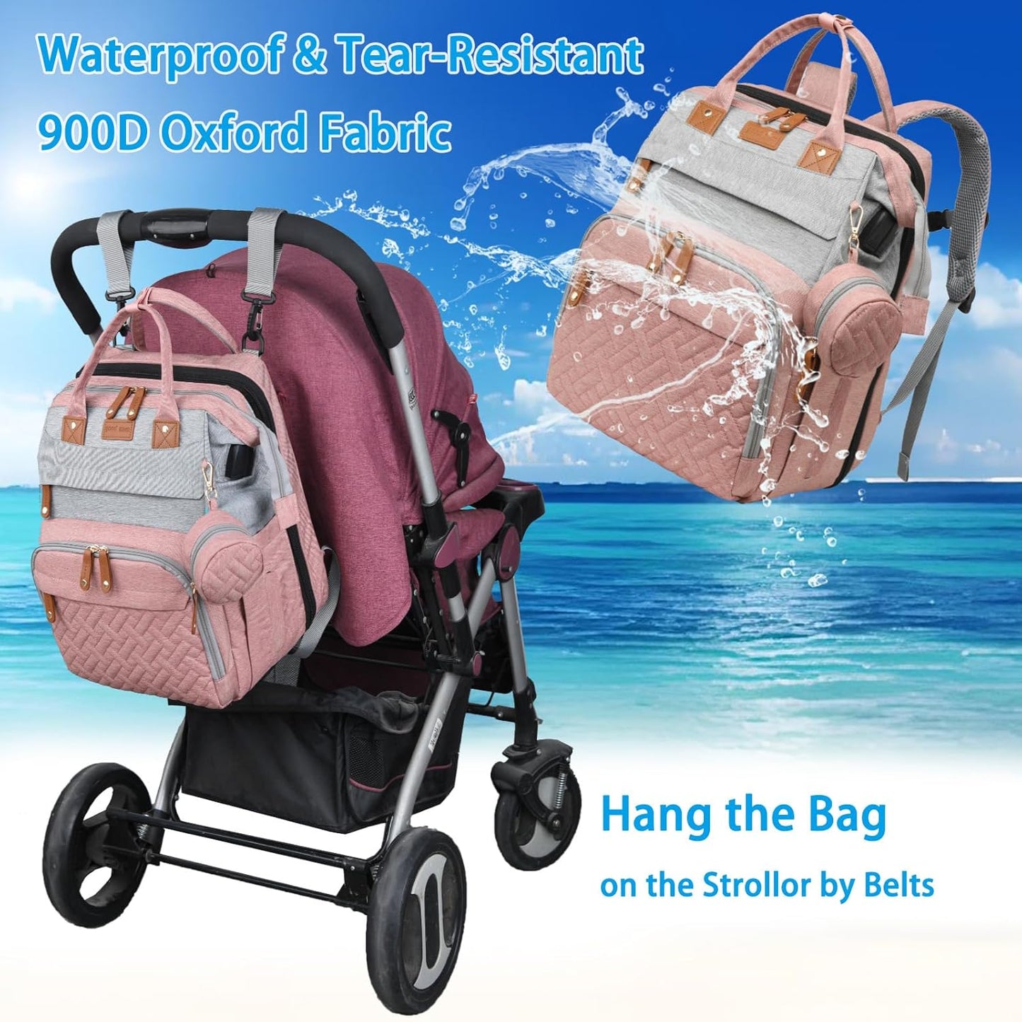 Jeryswet Baby Diaper Bags with Changing Station, Waterproof Large Capacity Diaper Bag Backpack for Moms Dads with USB Charging Port and Stroller Straps, Baby Shower Gifts, Pink-Grey