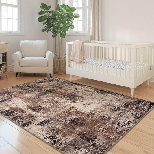 Living Room Rugs 5x7 Brown Washable Area Rug, Abstract Modern Bedroom Rugs Coffee Non Slip Stain Resistant Neutral Large Carpet for Nursery, Dining, Kids Playroom, Dining Room, Office