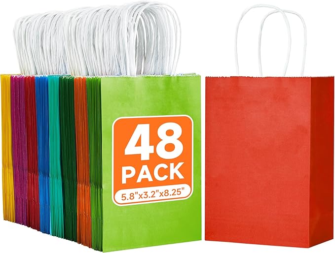 METAPRINT 48 Pcs Rainbow Paper Gift Bags with Handles in Bulk, 5.8x3.2x8.25 inch Small Kraft Paper Bags for Birthdays, Party Favors, Wedding (8 Colors)