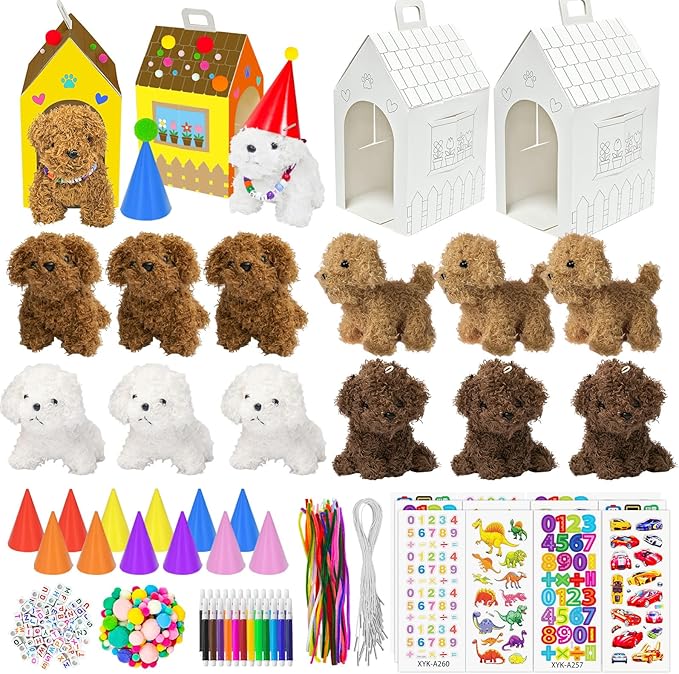 Cinrobiye 12 Sets Adopt a Puppy Party Favors DIY Dog Party Boxes Set Include 12 DIY Dog Boxes 3.93 Inch Mini Dogs Hats for Birthday Adopt A Pet Party Supplies Crafts