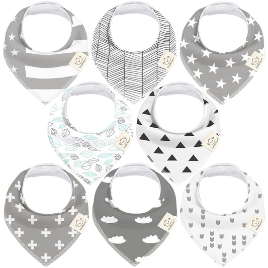 8-Pack Organic Baby Bandana Bibs for Boys, Girls - Super Absorbent Triangle Baby Bibs for Drooling and Teething Infant, 100% Cotton Extra Soft for Newborn, Infant 0-36 Months (Grayscape)