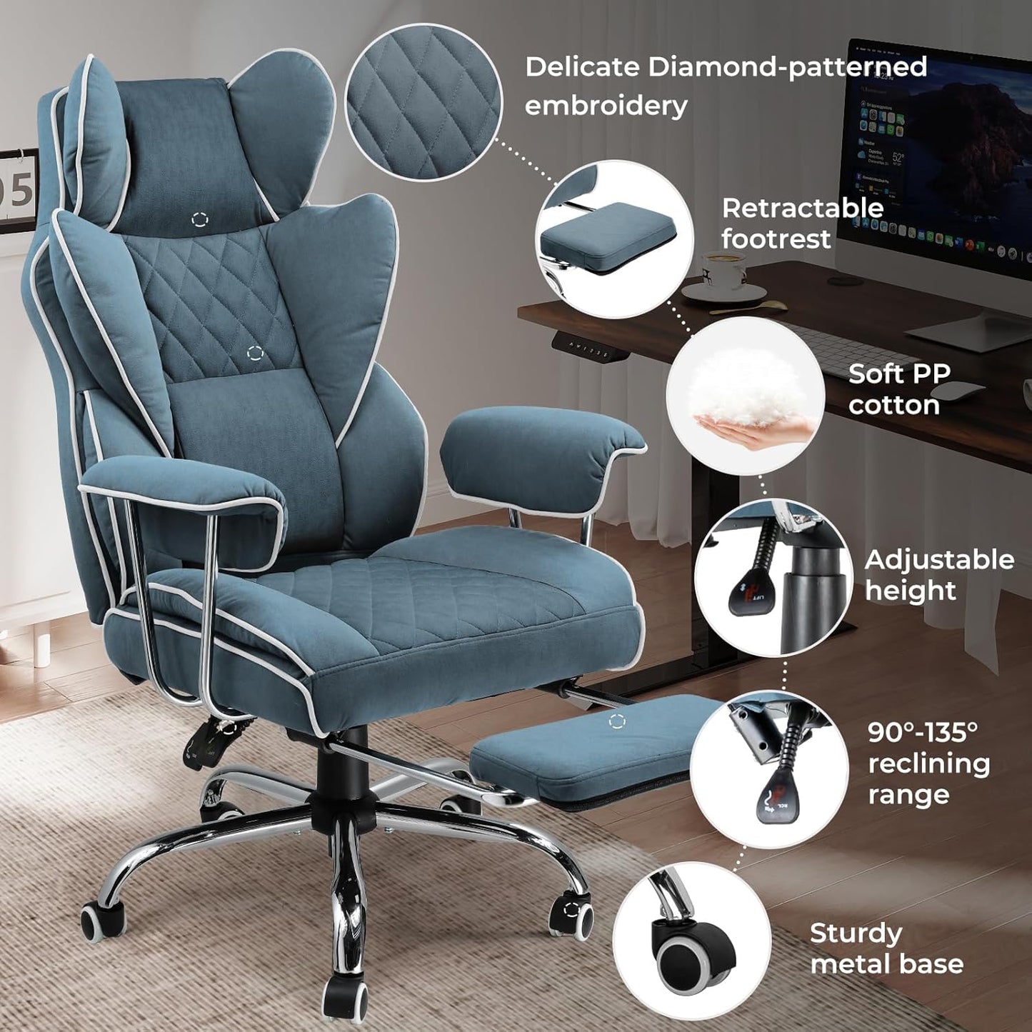 COMHOMA Big and Tall Office Chair, High Back Leather Gaming Chair with Footrest, Executive Ergonomic Office Chair with Pocket Spring Lumbar Support and with Outward Fixed Soft Armrests