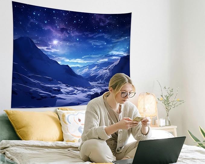 QGHOT Winter Tapestry Wall Hanging Snow Scene Backdrop Snow Mountain Wall Decor Blue Nature Landscape Snowy Large Tapestry for Bedroom Room Dorm, Extra Large