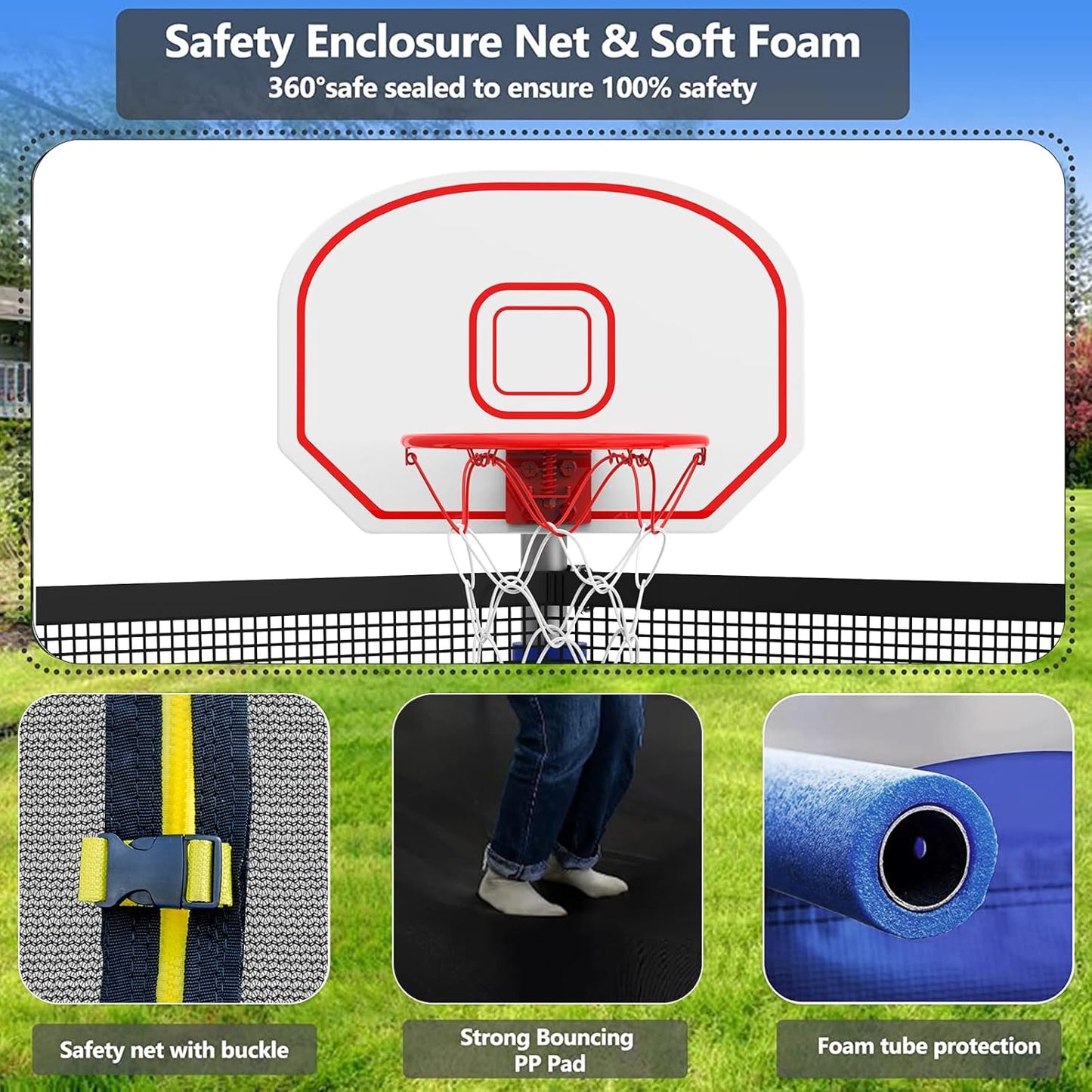 Upgraded 10/12/14/15/16FT Trampoline Outdoor, Large Kids Trampoline with Light, Stakes, Sprinkler, Backyard Trampoline with Basketball Hoop and Net, Capacity for 4-6 Kids and Adults