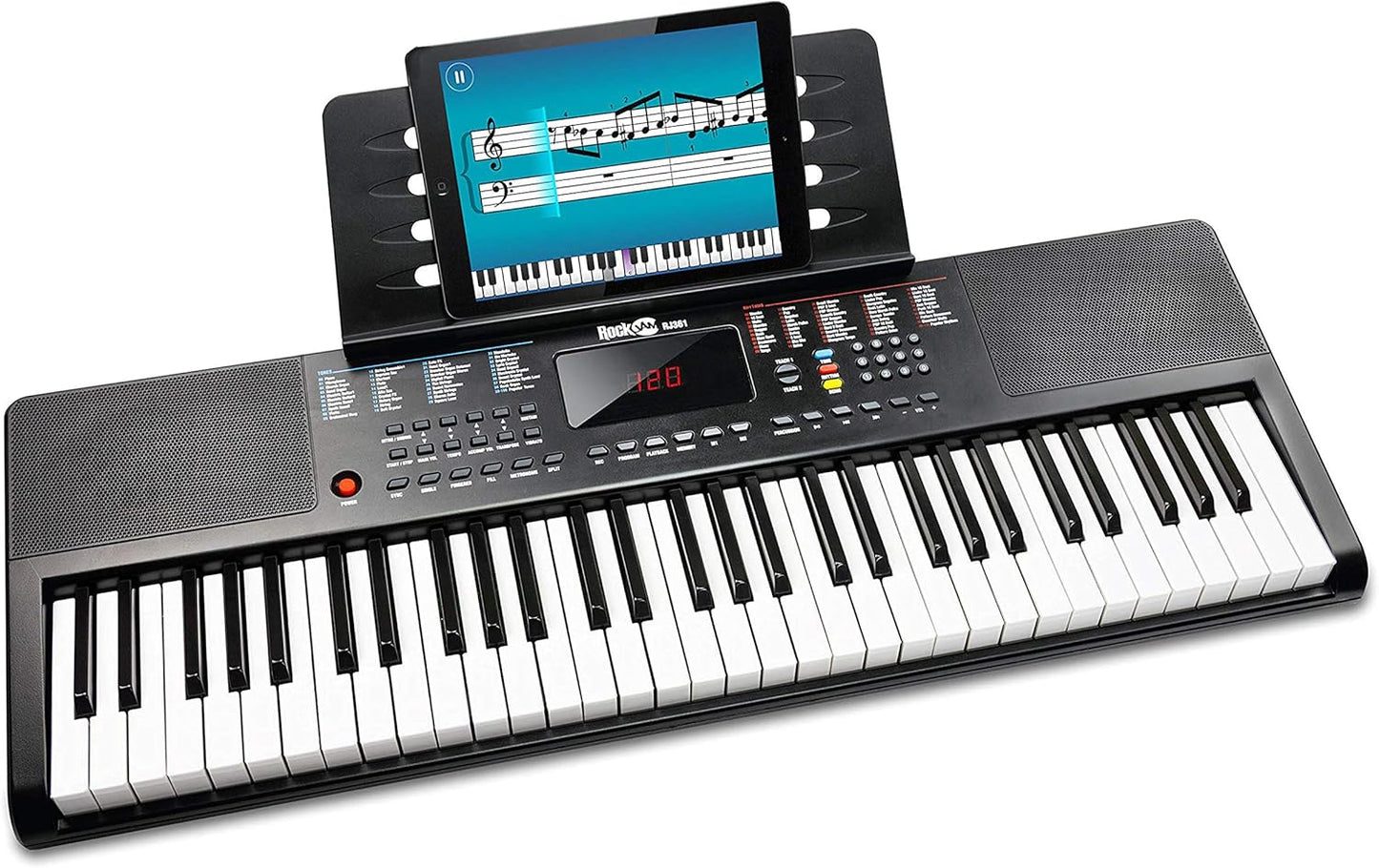 RockJam Compact 61 Key Keyboard with Sheet Music Stand, Power Supply, Piano Note Stickers & Simply Piano Lessons