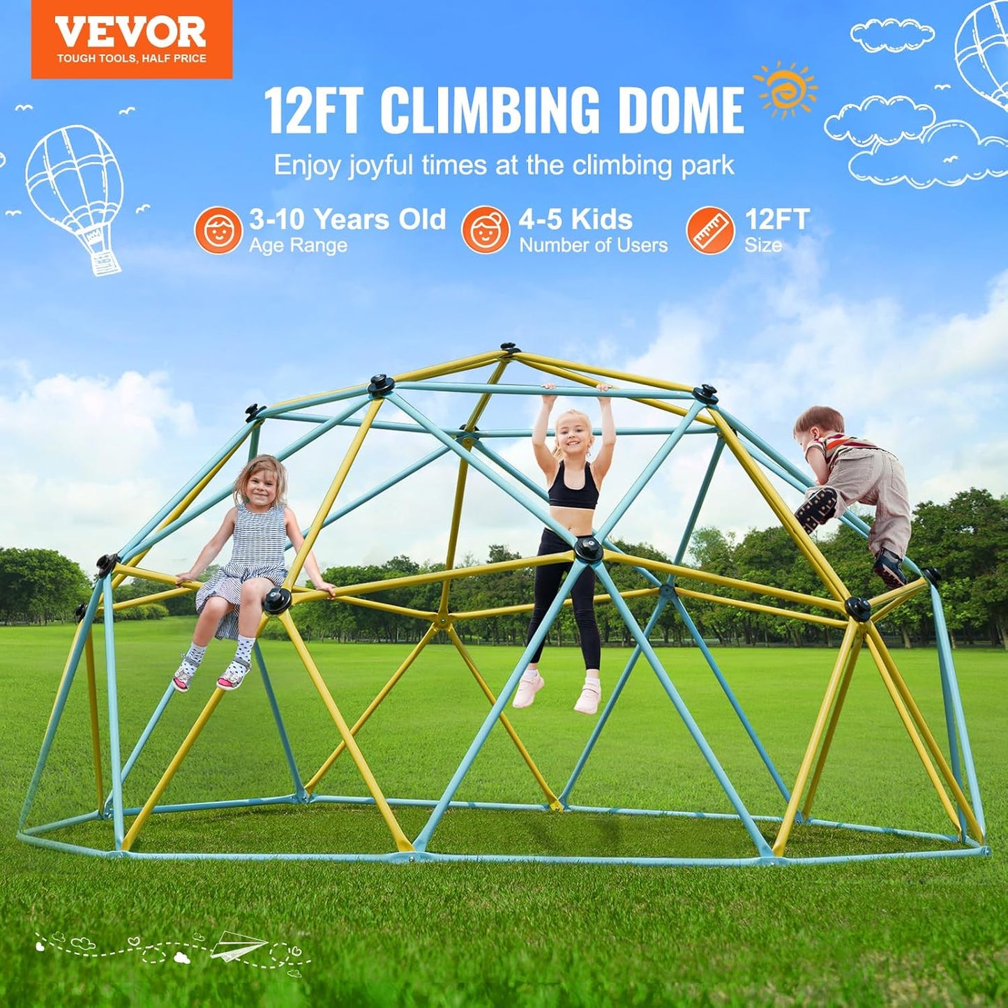 VEVOR Climbing Dome, 12FT Geometric Dome Climber Play Center for Kids 3 to 10 Years Old, Jungle Gym Supports 750LBS and Easy Assembly, with Climbing Grip, Outdoor Backyard Play Equipment for Kids