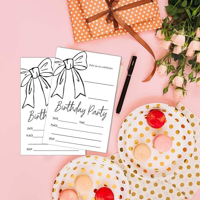 SIXEIGHT Black Bow Birthday Decorations, Black Ribbon Bow Birthday Party Invitations, 20 Party Invitations with Envelopes for Girls Boys, Bows Decorations Supplies, 4"x6"-A10