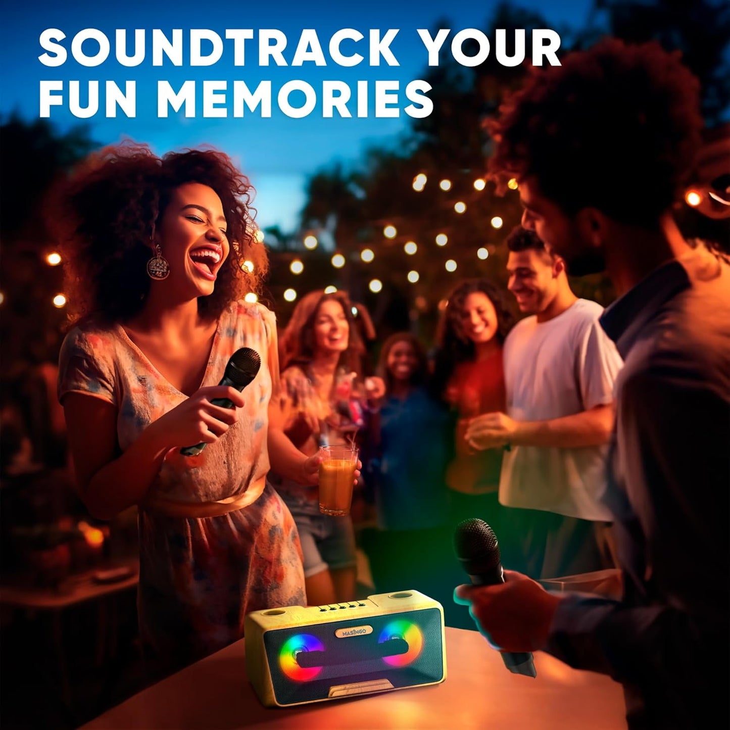 MASINGO Karaoke Machine for Adults and Kids with 2 Wireless Microphones, Portable Bluetooth Singing Speaker, Colorful LED Lights, PA System, Lyrics Display Phone Holder, and TV Cable. Presto G2 Wood