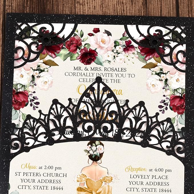 50Pcs Gold Crown Invitations for Quinceanera, 15 year, Sweet 16, Miss XV, Birthday Laser Cut Quince Invitation Cards Personalized Pearlized Black