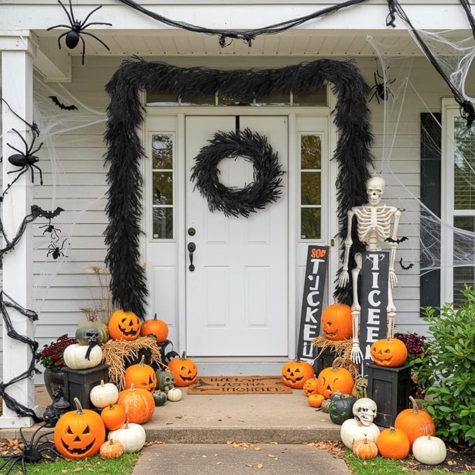 N&T NIETING 5.9FT Halloween Black Artificial Norfolk Pine Garland Real Touch Christmas Garlands Faux Garland for Table Mantle Holiday Fireplace Indoor Outdoor Christmas Halloween Decorations